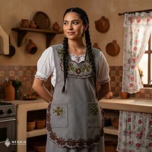 Gray Mexican Embroidered Smock Apron – Floral Traditional Design